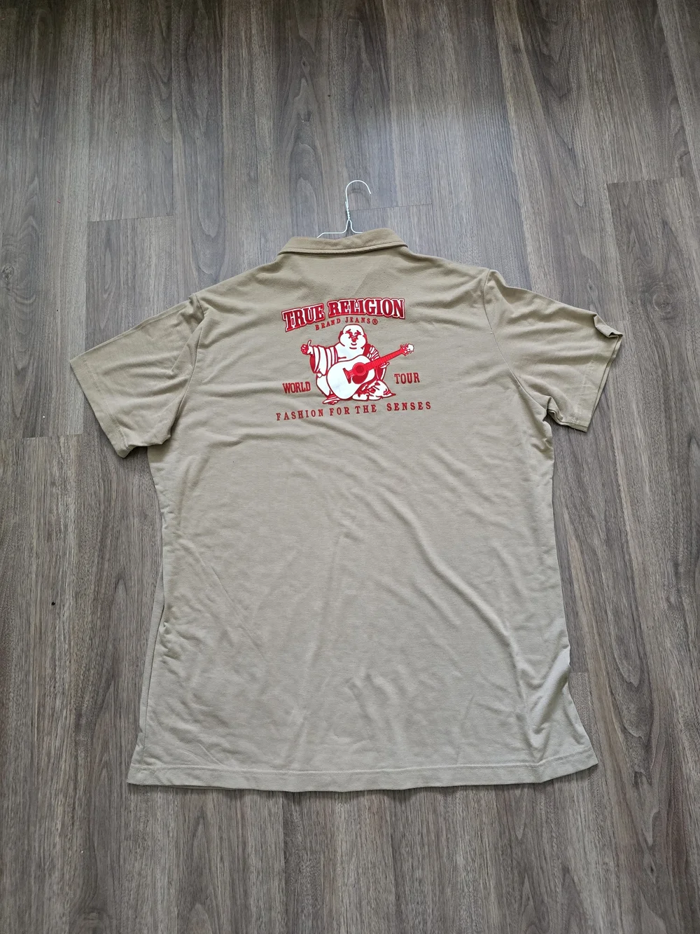 True Religion Men's Tan Polo with Red Horseshoe Logo